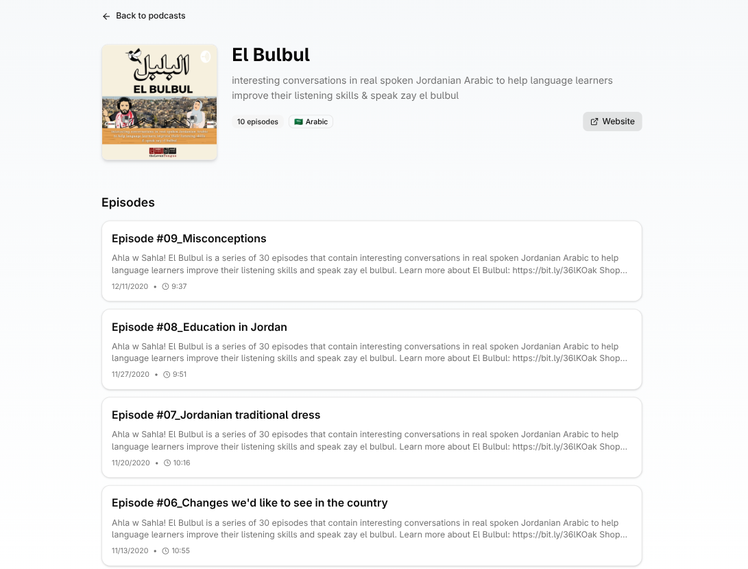 TinyLingo app showing list of episodes in a podcast