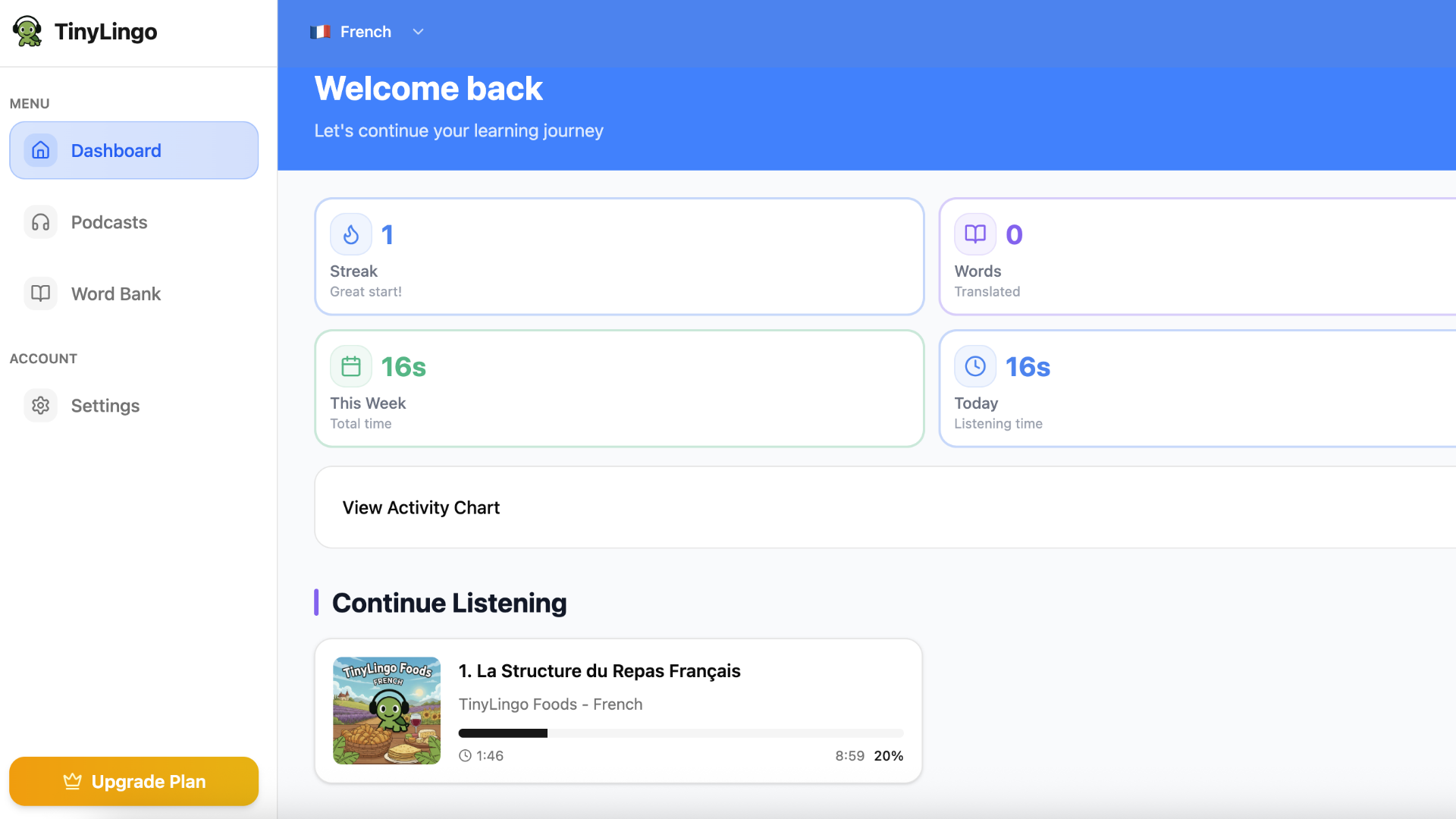 TinyLingo dashboard showing learning overview and recent episodes