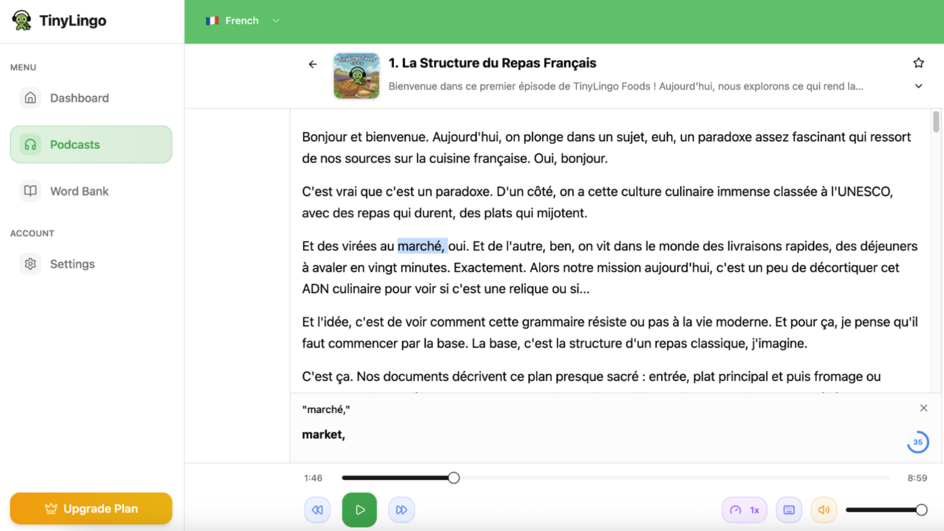 TinyLingo episode player with word-level synced transcript