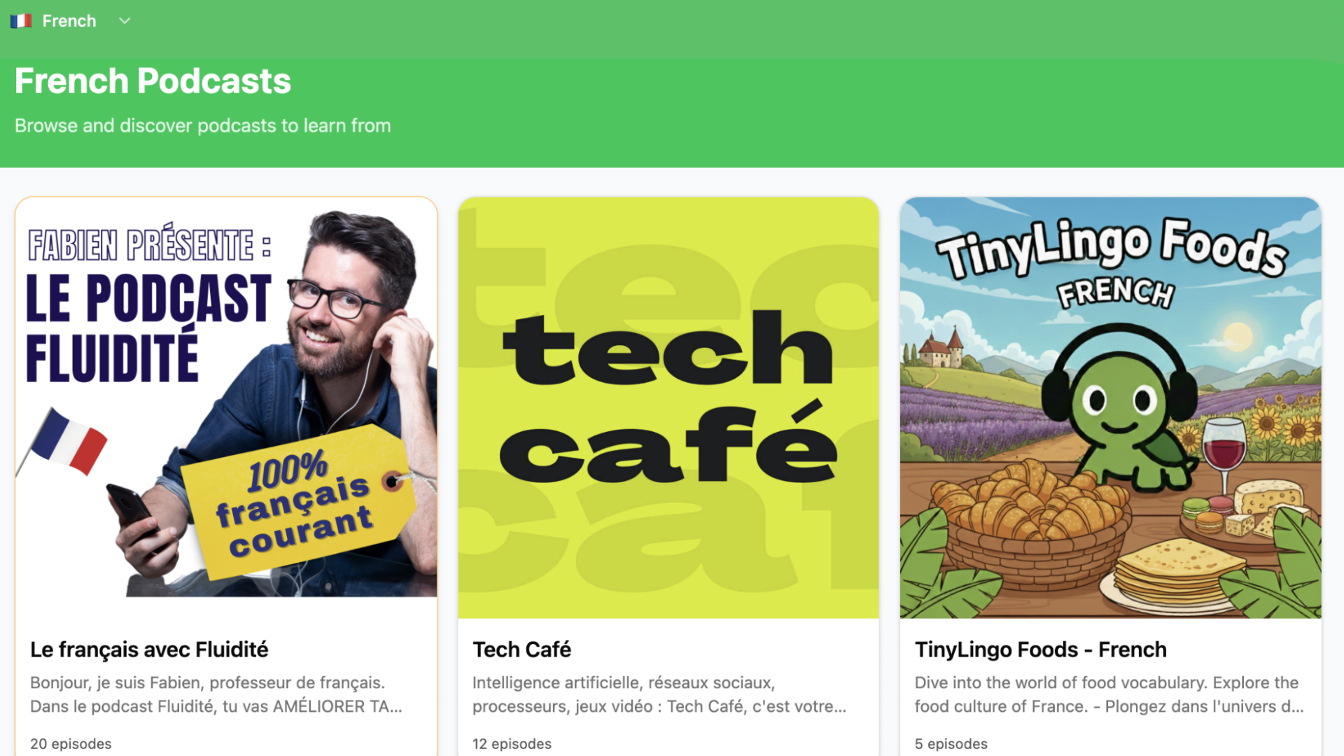 TinyLingo podcasts library showing available shows